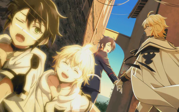 Yūichirō Hyakuya and Mikaela Hyakuya share a lively moment in this vibrant HD wallpaper from the anime Seraph of the End, showcasing their unique bond.