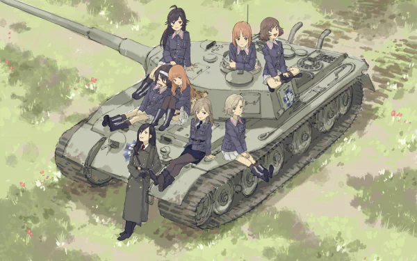 Anime Girls und Panzer HD desktop wallpaper featuring Hana Isuzu, Yukari Akiyama, Miho Nishizumi, Mako Reizei, and Saori Takebe sitting on a tank in a grassy field.