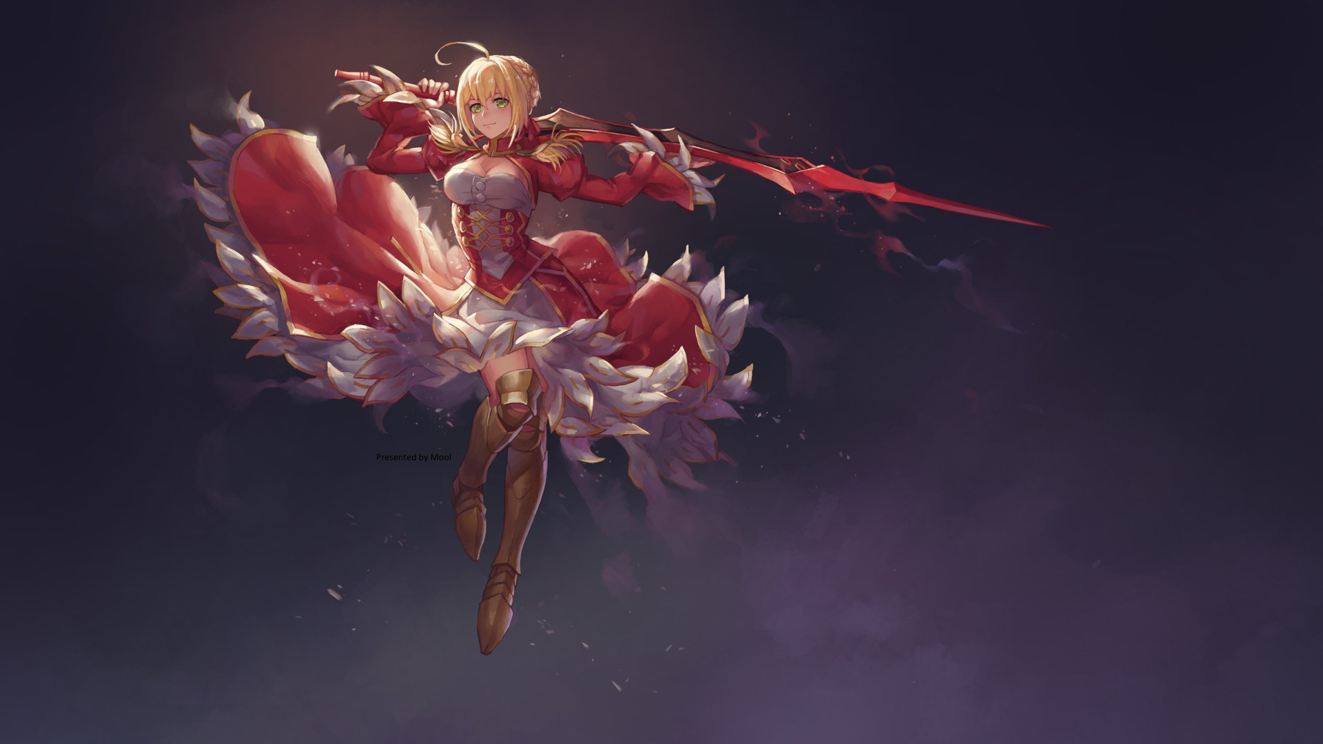 HD PC desktop wallpaper featuring Saber from the Fate/extra anime, poised in dynamic armor with a glowing red lance against a dark, smoky background.