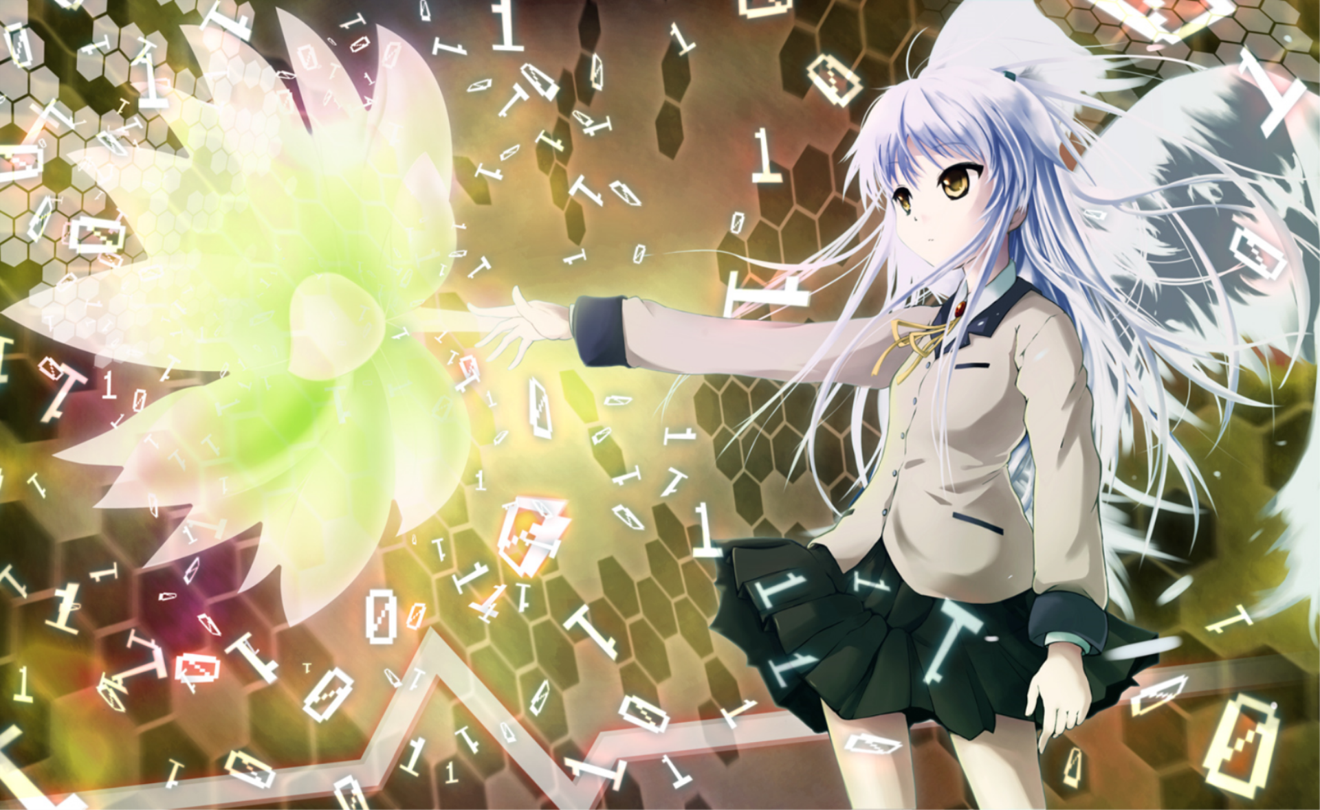 HD wallpaper featuring Kanade Tachibana from Angel Beats! anime. She has silver hair and is depicted with a glowing green flower amidst a background of digital particles.