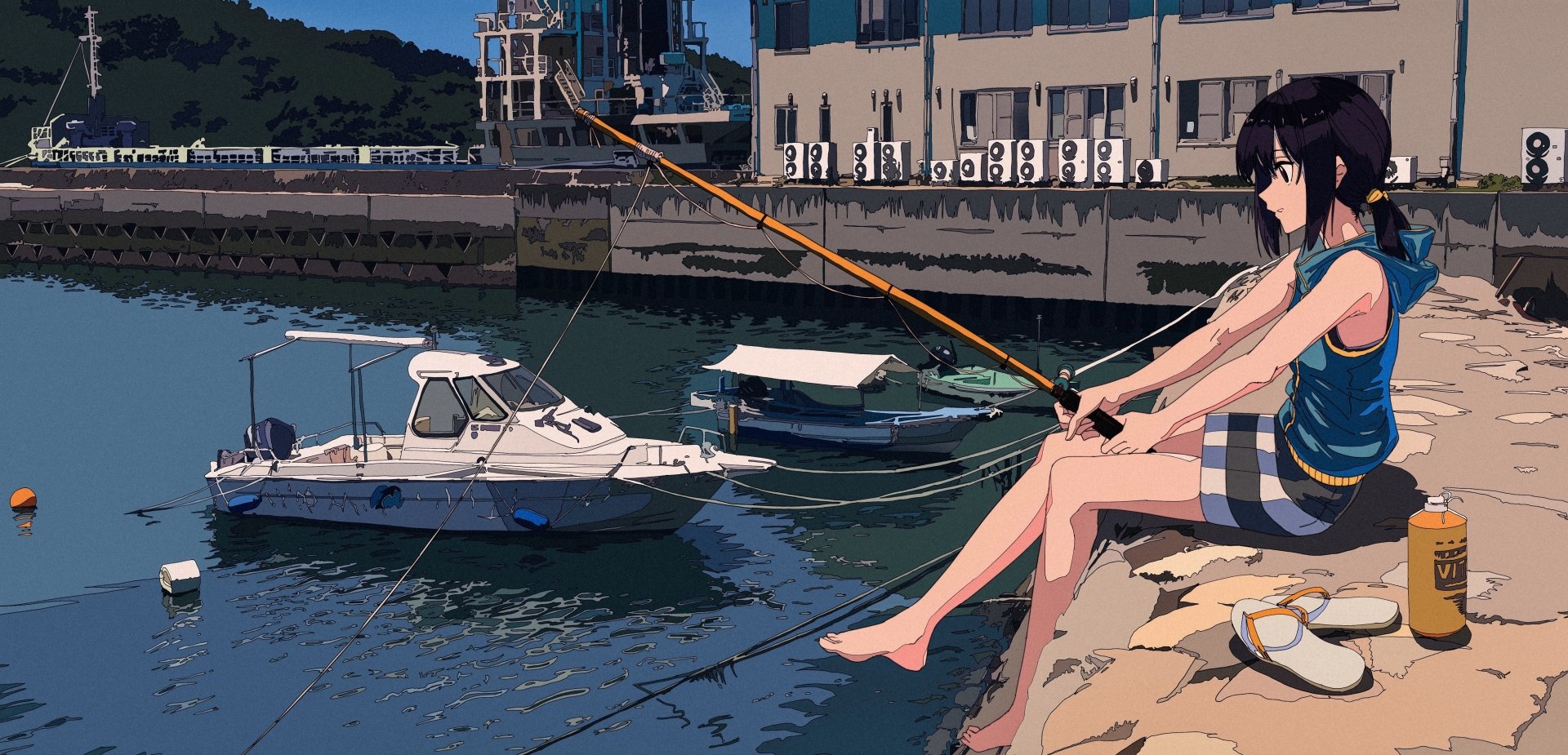 Anime art of a person with short black hair and black eyes, wearing a hoodie, sitting barefoot on a dock, fishing next to boats, set against a backdrop of buildings near the water. HD desktop wallpaper.