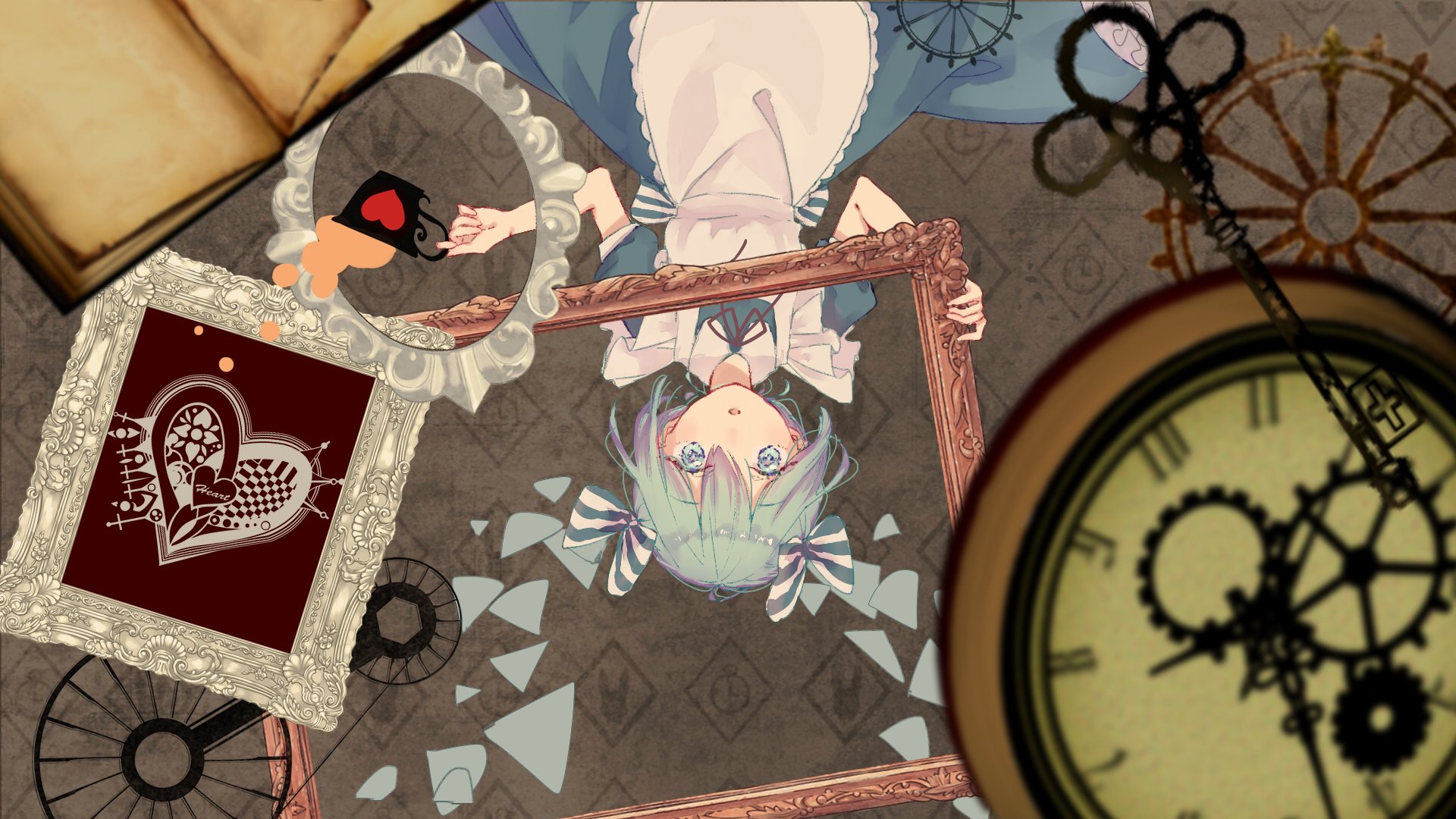 HD PC desktop wallpaper and background: Hatsune Miku (Vocaloid) anime portrait upside-down in a maid outfit amid broken glass, ornate frames and a vintage clock.