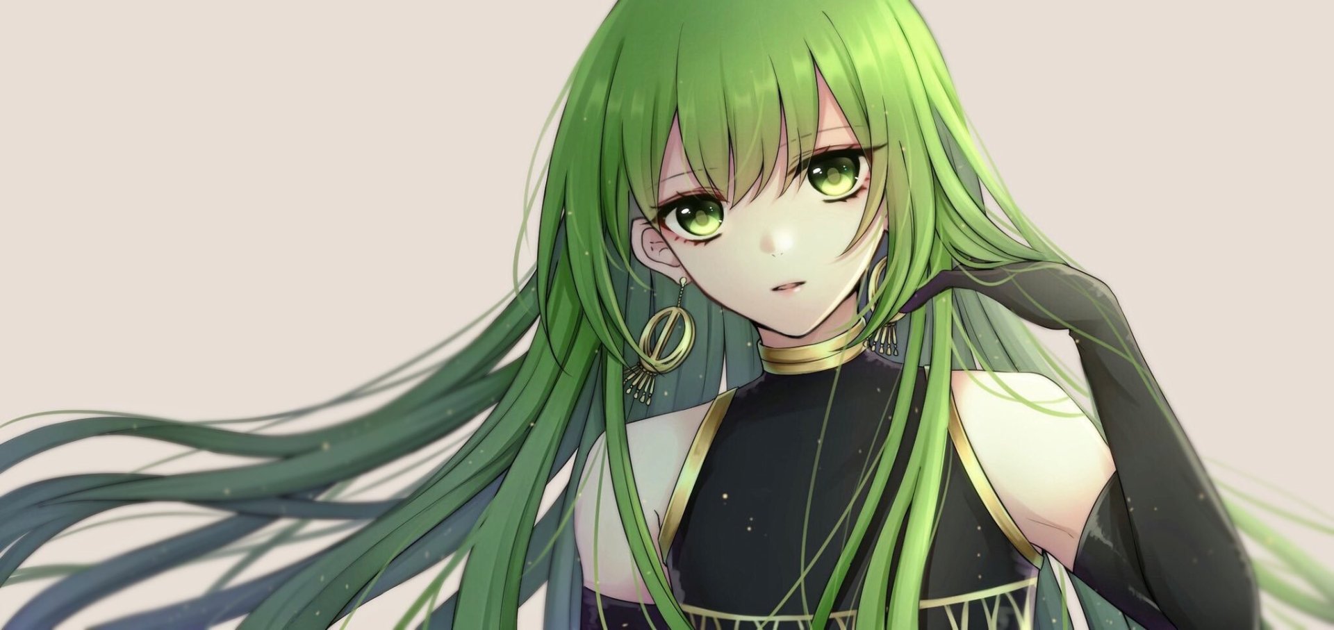 Close-up portrait of Enkidu (Fate/Grand Order) with flowing green hair, gold-green eyes and a black-and-gold outfit — anime HD PC desktop wallpaper/background.