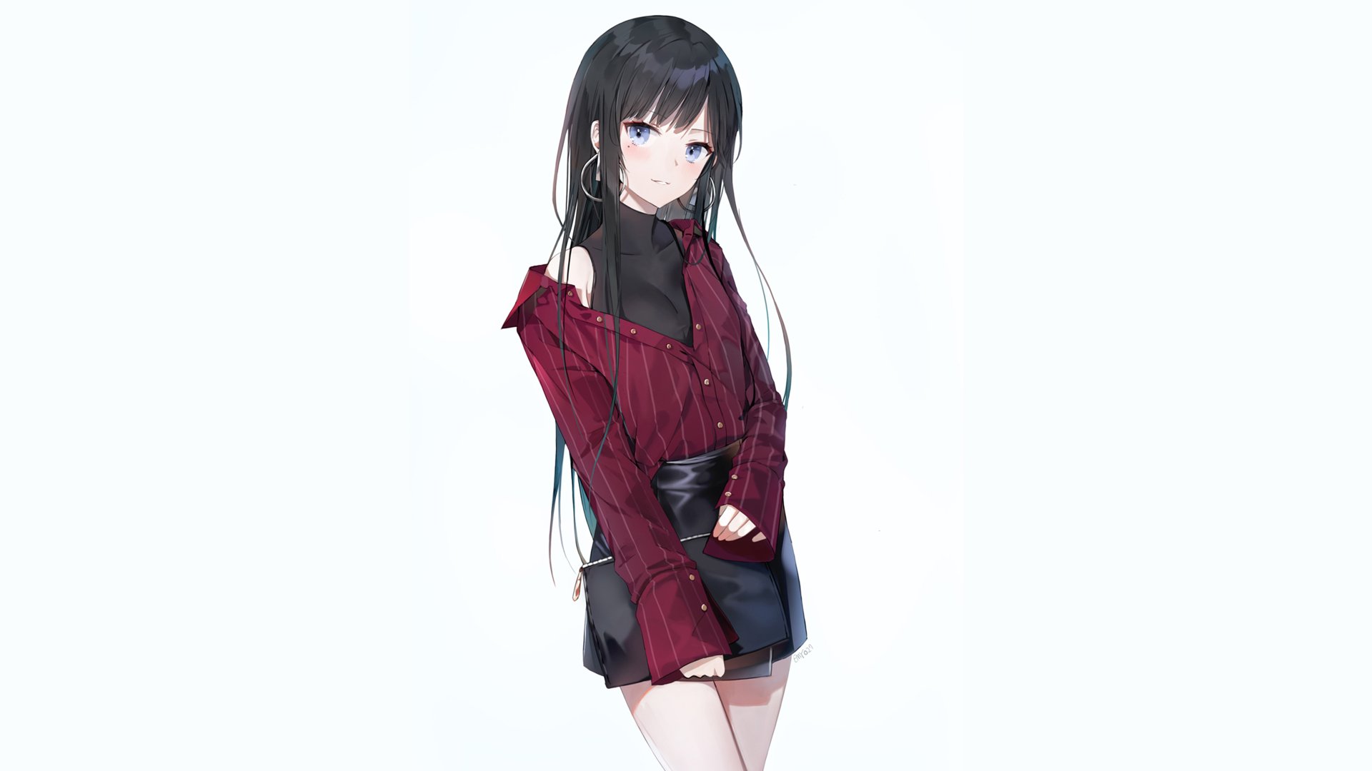 HD wallpaper featuring an anime girl with long black hair, blue eyes, wearing a red and black outfit. The image provides a clean, visually appealing background for desktops.