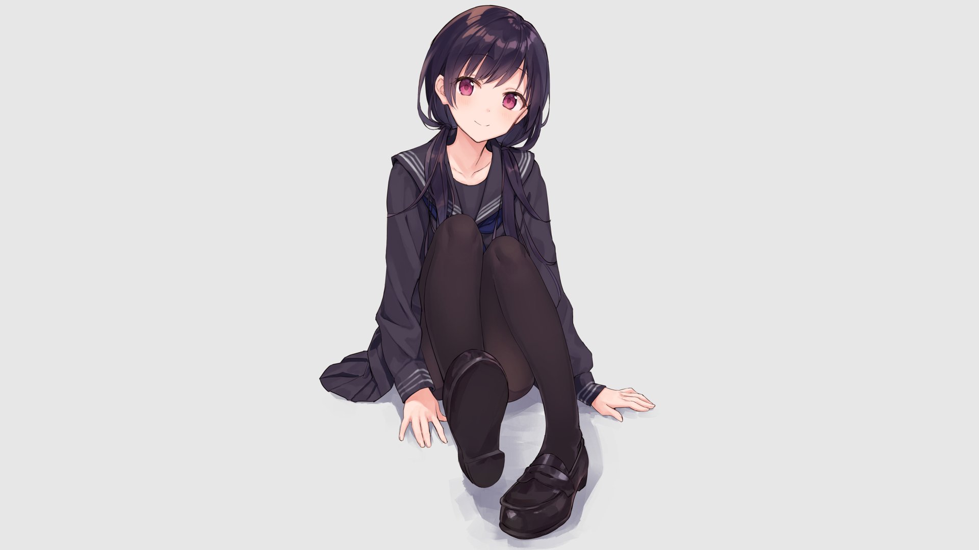 Anime girl with short dark hair and red eyes sitting on the floor, depicted in 4K Ultra HD as a PC desktop wallpaper and background.