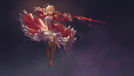 HD PC desktop wallpaper featuring Saber from the Fate/extra anime, poised in dynamic armor with a glowing red lance against a dark, smoky background.