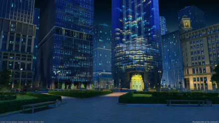 An HD desktop wallpaper and background from the video game Love, Money, Rock'n'Roll featuring a night-time cityscape with lit-up skyscrapers and an empty plaza in the foreground.