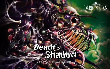 A dark, fantasy-themed HD desktop wallpaper featuring a monstrous shadowy creature with glowing eyes and sharp teeth, designed as a book cover for Death's Shadow by Darren Shan.