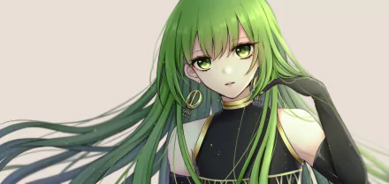 Close-up portrait of Enkidu (Fate/Grand Order) with flowing green hair, gold-green eyes and a black-and-gold outfit — anime HD PC desktop wallpaper/background.