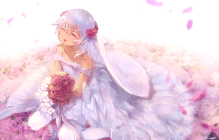 HD PC wallpaper featuring Laffey from Azur Lane in an elegant white dress, holding a bouquet, surrounded by soft pink petals in an anime art style.
