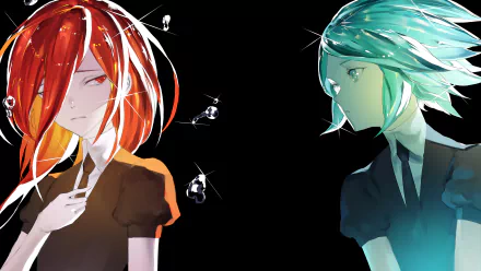 HD wallpaper featuring Cinnabar and Phosphophyllite from the anime Land of the Lustrous, set against a black background. They are positioned facing each other, surrounded by shimmering elements.