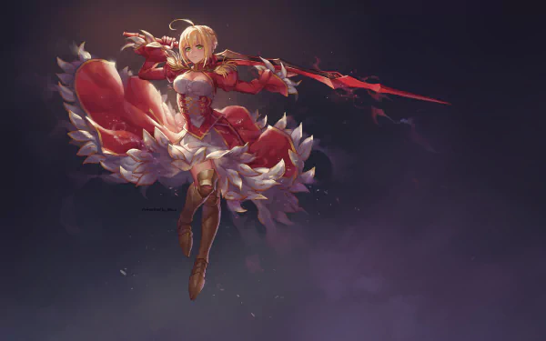 HD PC desktop wallpaper featuring Saber from the Fate/extra anime, poised in dynamic armor with a glowing red lance against a dark, smoky background.