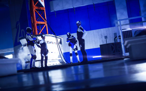 Mirror's Edge Catalyst video game 4K Ultra HD PC desktop wallpaper: blue-lit rooftop scene with white-suited security guards confronting a runner in an industrial city.