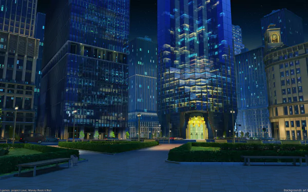 An HD desktop wallpaper and background from the video game Love, Money, Rock'n'Roll featuring a night-time cityscape with lit-up skyscrapers and an empty plaza in the foreground.
