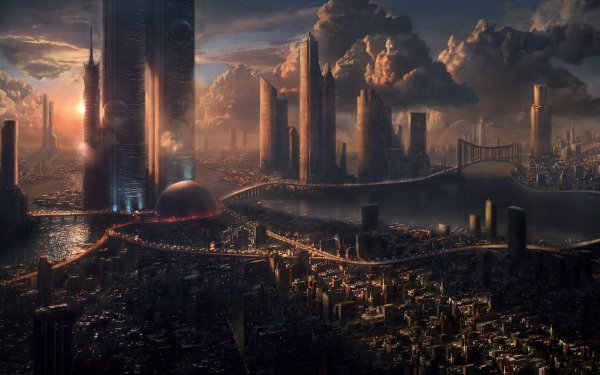 Ciencia ficción Ciudad Tower Atardecer Fondo de pantalla HD | Fondo de Escritorio