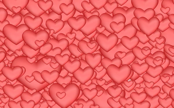 Artistic red love motif of layered, embossed hearts filling the frame — 8K Ultra HD PC desktop wallpaper and background.