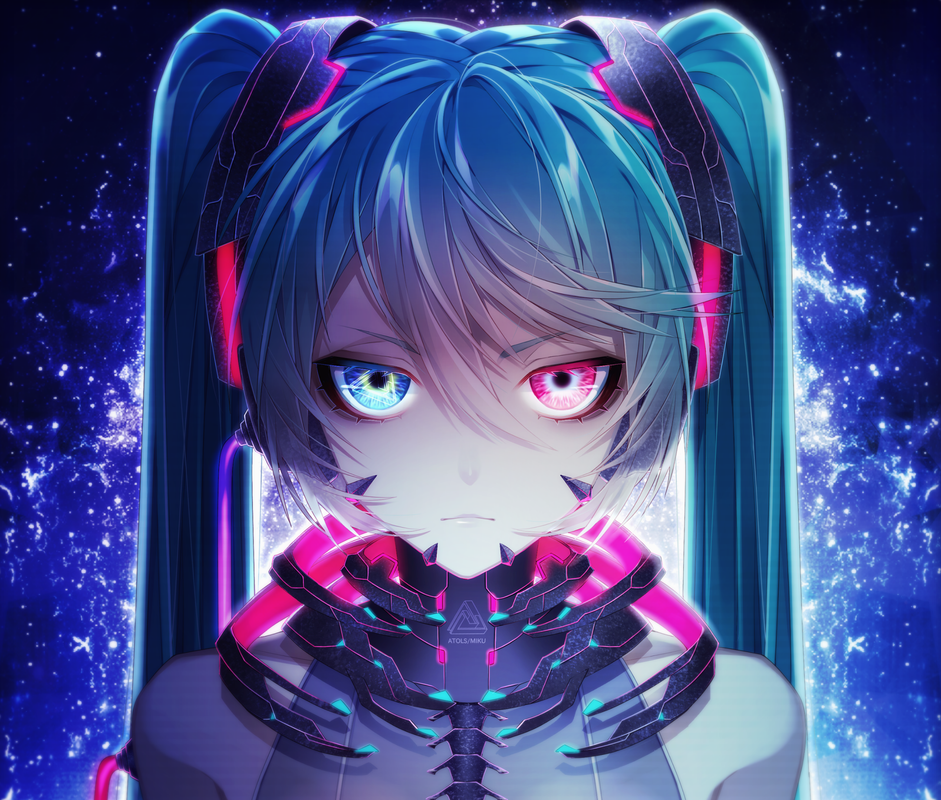 HD PC desktop wallpaper of Hatsune Miku from Vocaloid, featuring vibrant neon colors and detailed anime-style art with glowing blue and pink highlights.