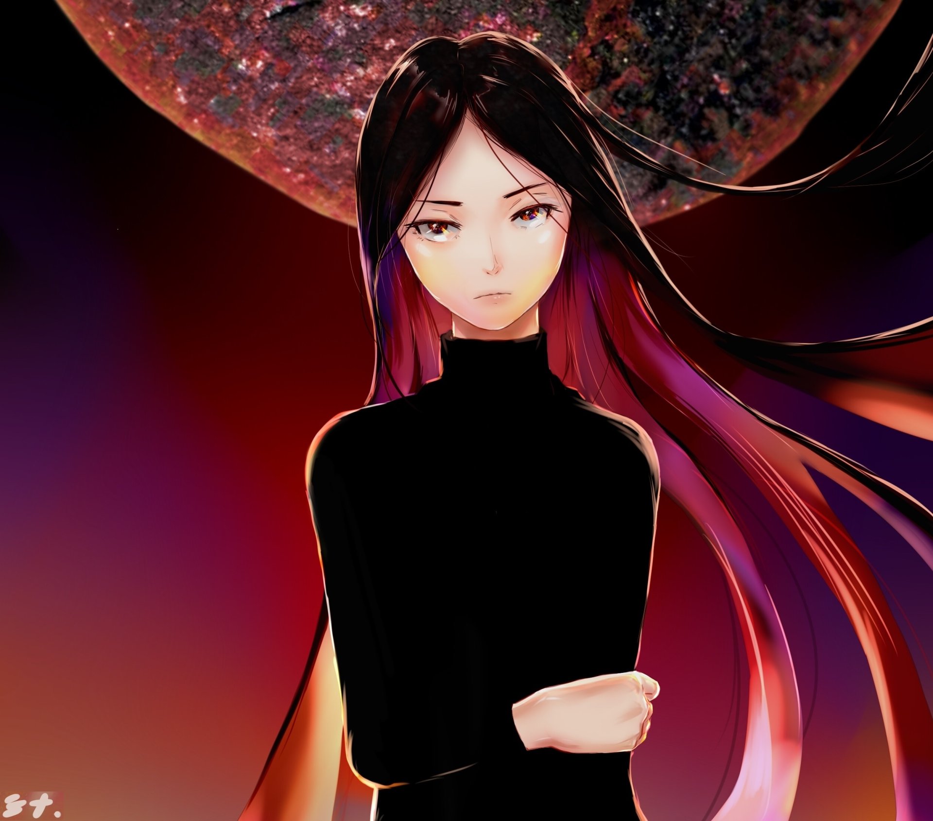 HD PC desktop wallpaper of Bort (Land of the Lustrous), anime portrait of a stoic figure in a black turtleneck with long black-to-magenta hair against a red-purple cosmic backdrop.
