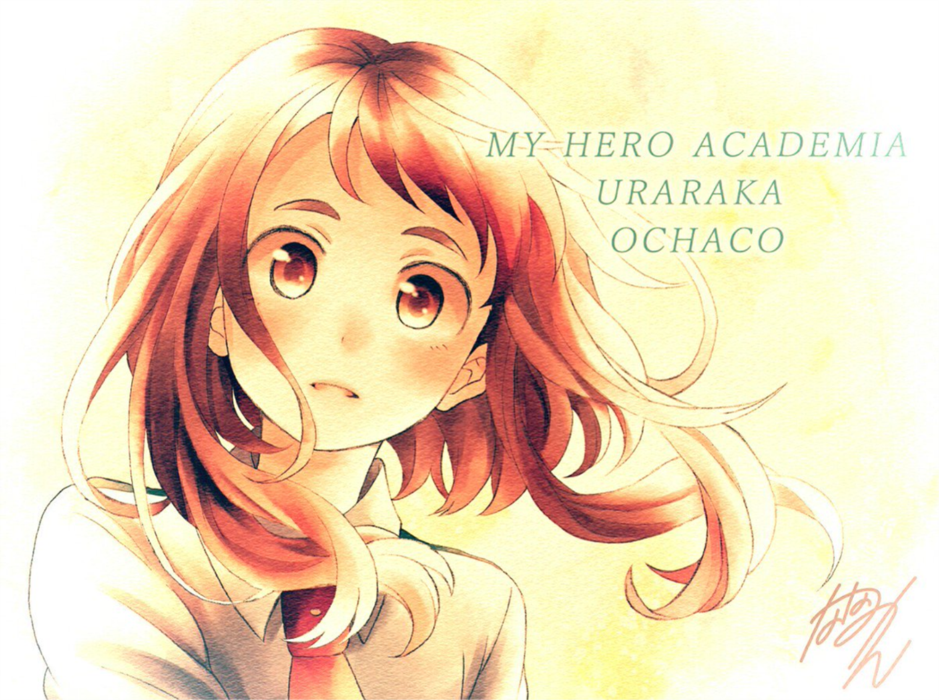 HD desktop wallpaper of Ochaco Uraraka from the anime My Hero Academia, featuring soft colors and a gentle expression.
