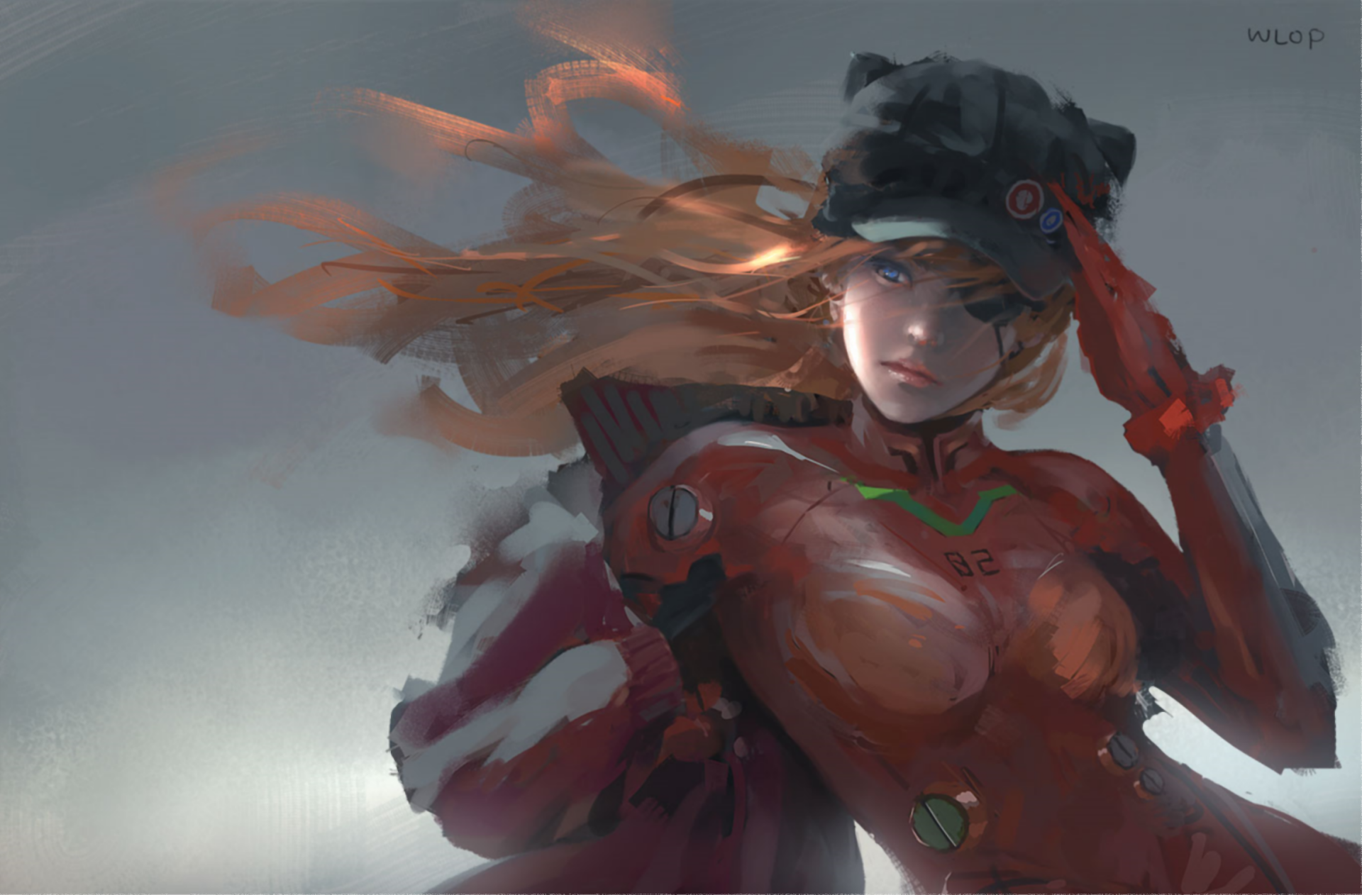 HD desktop wallpaper featuring Asuka Langley Sohryu from Evangelion: 3.0 You Can (Not) Redo. She wears her iconic red plug suit and a hat, with a dynamic background highlighting her fierce expression.