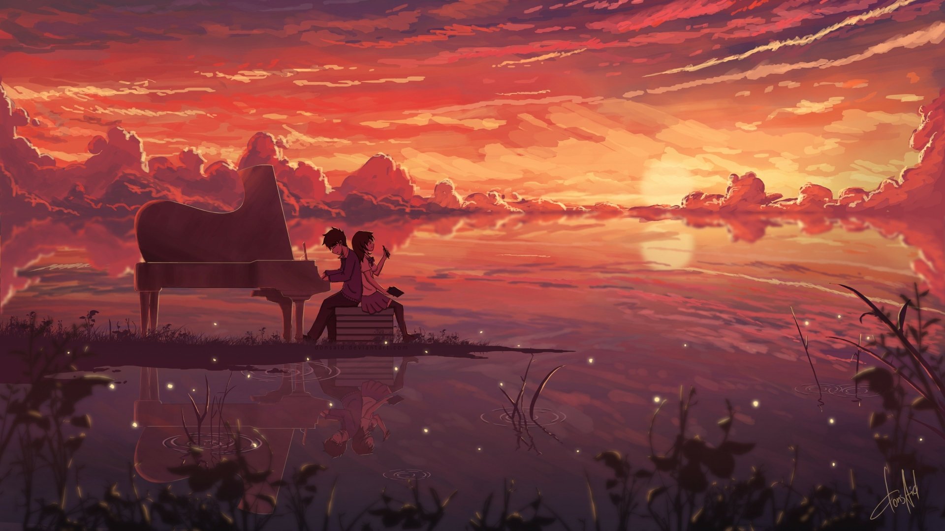 Anime artwork depicting a serene sunset with a couple playing a piano on a small island amidst a reflective body of water. The vibrant colors and peaceful scene make it an enchanting HD wallpaper and background.