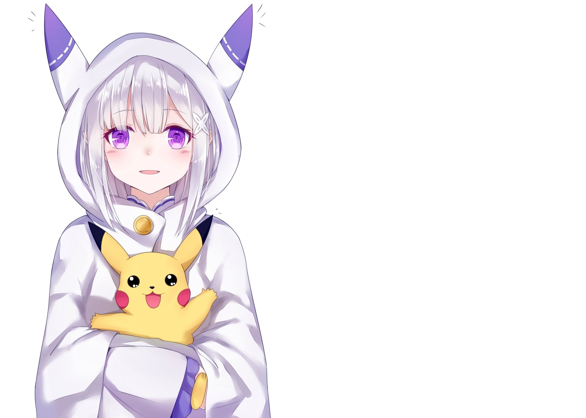 HD anime wallpaper featuring Emilia from Re:Zero holding Pikachu from Pokemon, blending both series in a vibrant crossover desktop background.