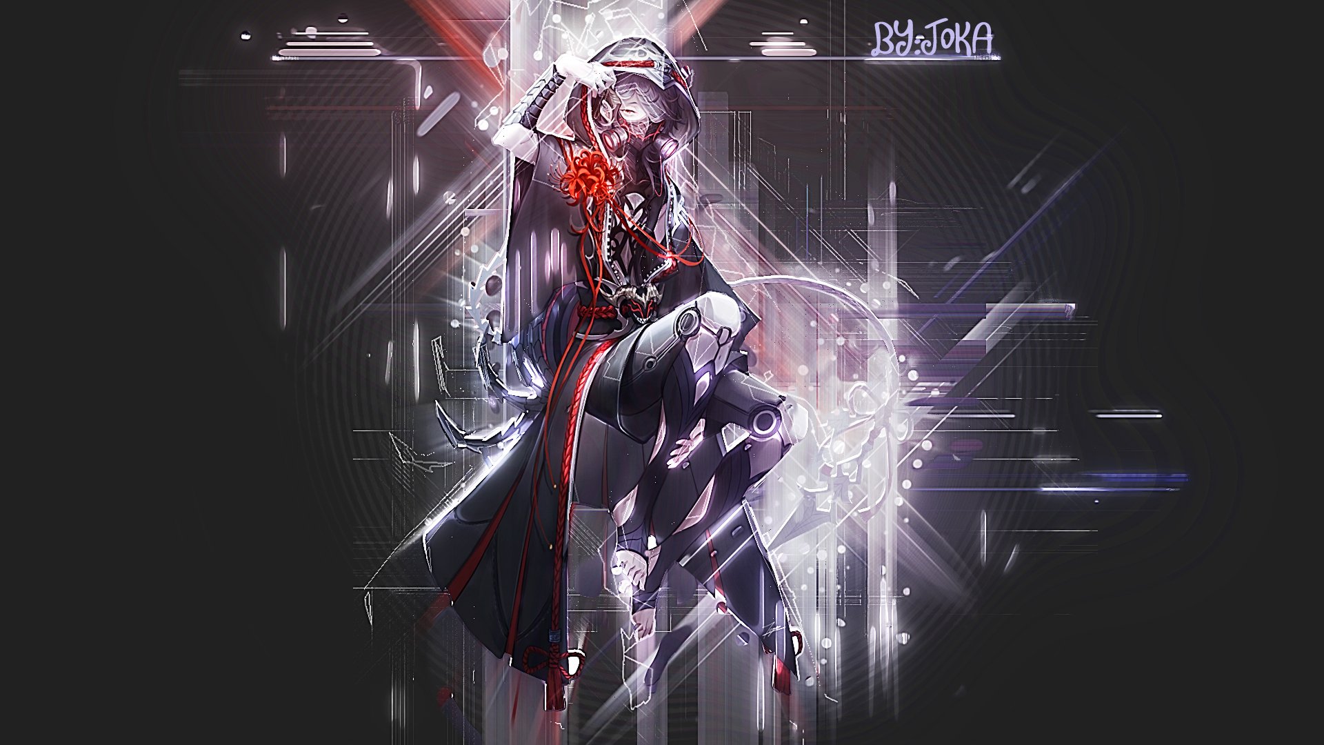 HD anime-style original artwork featuring a futuristic character with glowing red accents, designed as a striking PC desktop wallpaper and background.