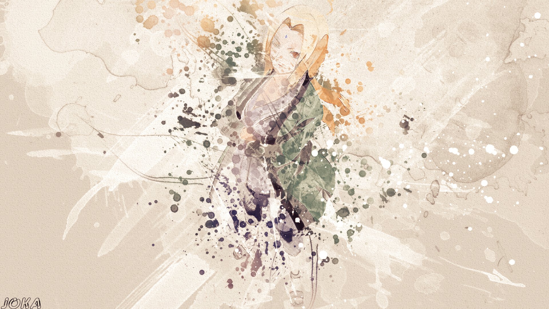 Stylized watercolor splatter portrait of Tsunade (Naruto), anime character, rendered as an HD PC desktop wallpaper and background in warm beige tones.