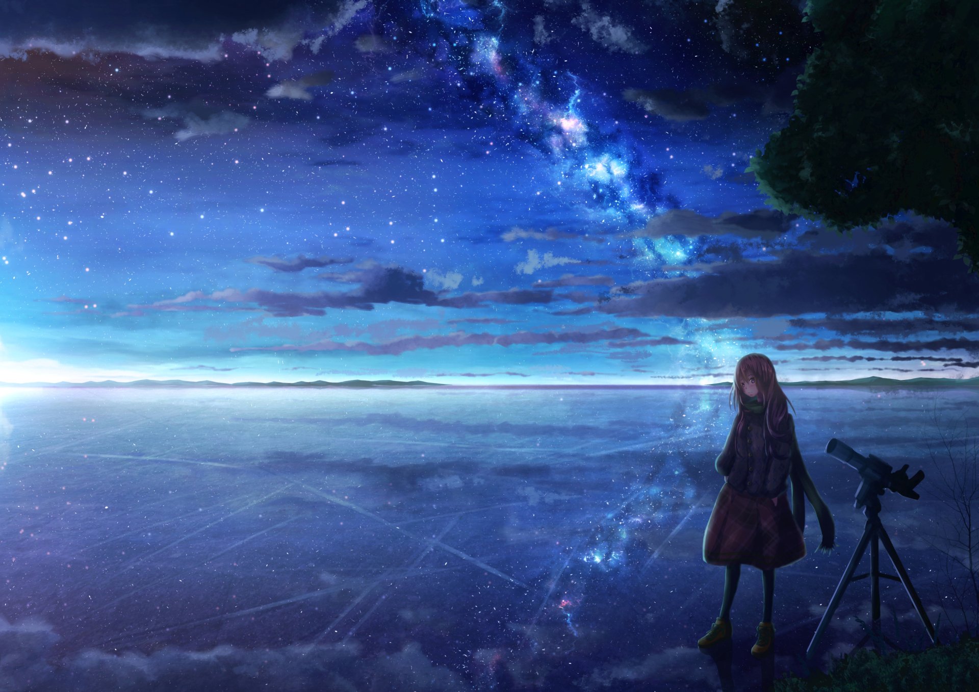 Starry Night Sky with Telescope - Anime HD Wallpaper by クメキ