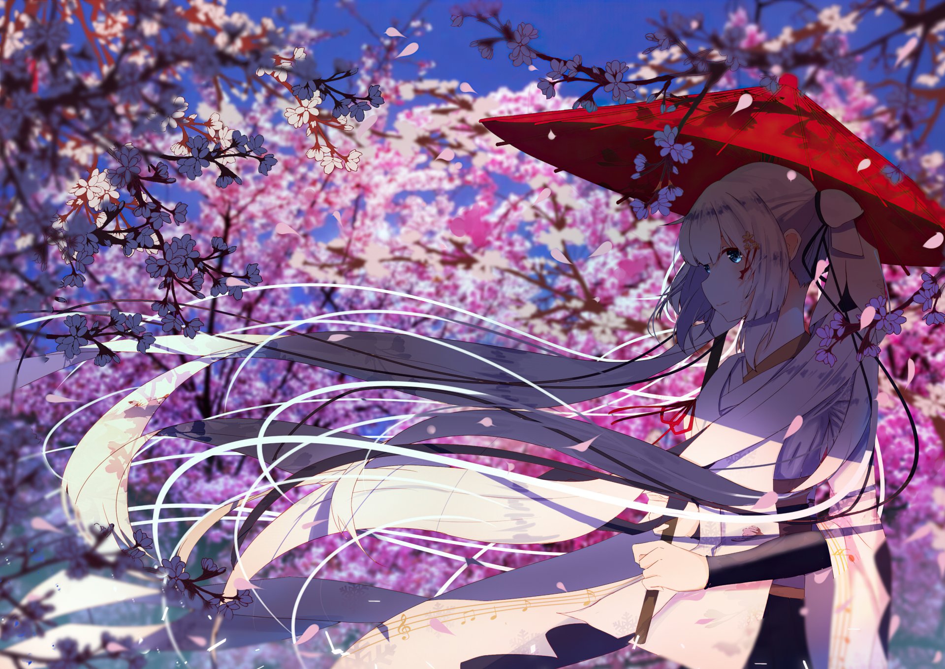 Yuki Miku anime Vocaloid 2K Quad HD PC desktop wallpaper: snow-themed Miku with long flowing white hair and red umbrella beneath pink cherry blossoms.