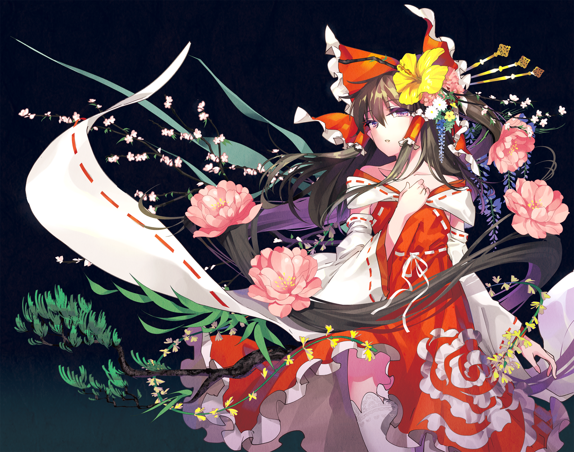 Reimu Hakurei from Touhou: anime shrine maiden in red-and-white outfit with flowing ribbons and pink flowers on a dark HD PC desktop wallpaper background.