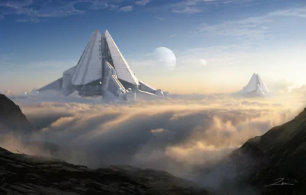 A stunning HD desktop wallpaper featuring futuristic structures rising above a misty landscape, inspired by the sci-fi video game Titanfall 2.