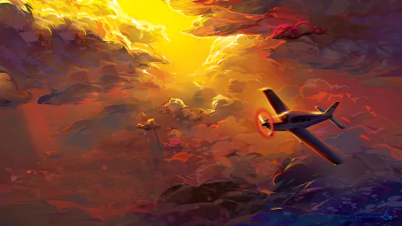 An artistic HD desktop wallpaper featuring an airplane flying amongst vivid, colorful clouds at sunset, blending a dramatic sky with a serene aircraft journey.