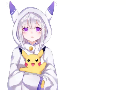 HD anime wallpaper featuring Emilia from Re:Zero holding Pikachu from Pokemon, blending both series in a vibrant crossover desktop background.