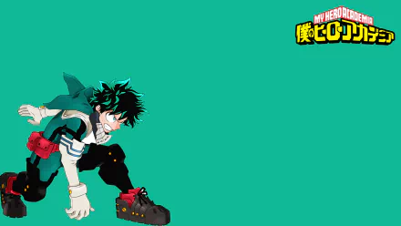 HD PC desktop wallpaper of Izuku Midoriya (My Hero Academia): anime-style Midoriya crouched at left on a teal background with the series logo top-right.