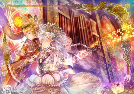 flower yellow eyes white eyes braid headdress harp short hair blonde long hair violin Anime music HD Desktop Wallpaper | Background Image