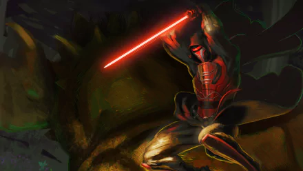 Darth Revan from Star Wars: Knights of the Old Republic wields a glowing red lightsaber in this dark, high-definition PC desktop wallpaper.