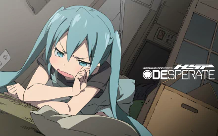 HD anime wallpaper featuring Hatsune Miku from Vocaloid, showing her with blue twin tails in a dimly lit room, expressing frustration or anger.