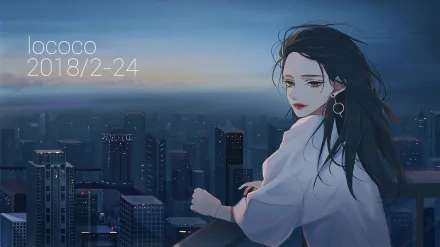 city brown eyes earrings black hair long hair Anime Original anime city HD Desktop Wallpaper | Background Image