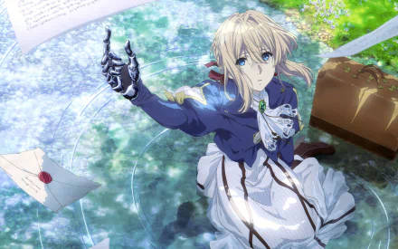 HD desktop wallpaper of Violet Evergarden, an anime character, kneeling amid scattered letters with her metal hand extended. She is dressed in a blue jacket and white skirt, surrounded by sunlit greenery.