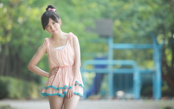 Women Xiaojing Pink Dress Model Asian Brown Eyes Brunette Ponytail HD Wallpaper | Background Image