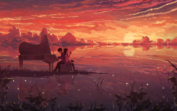 Anime artwork depicting a serene sunset with a couple playing a piano on a small island amidst a reflective body of water. The vibrant colors and peaceful scene make it an enchanting HD wallpaper and background.