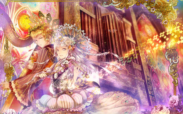 flower yellow eyes white eyes braid headdress harp short hair blonde long hair violin Anime music HD Desktop Wallpaper | Background Image