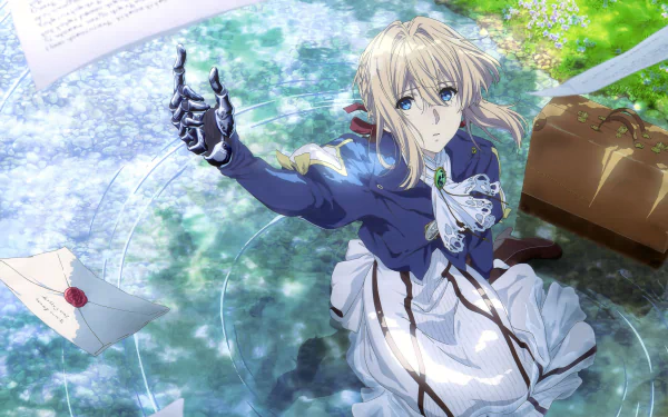 HD desktop wallpaper of Violet Evergarden, an anime character, kneeling amid scattered letters with her metal hand extended. She is dressed in a blue jacket and white skirt, surrounded by sunlit greenery.