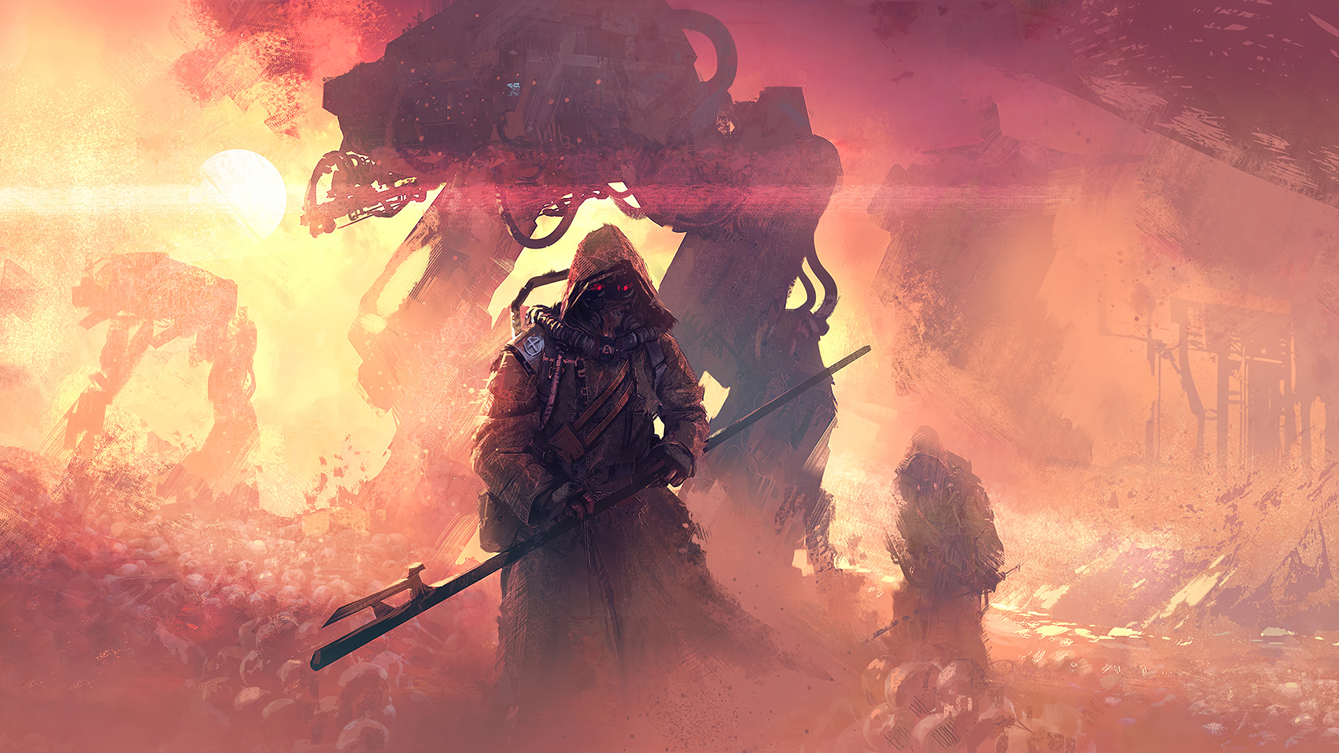 A sci-fi HD desktop wallpaper depicting a lone soldier warrior standing in front of a towering robot mech amidst a smoky, war-torn battlefield.