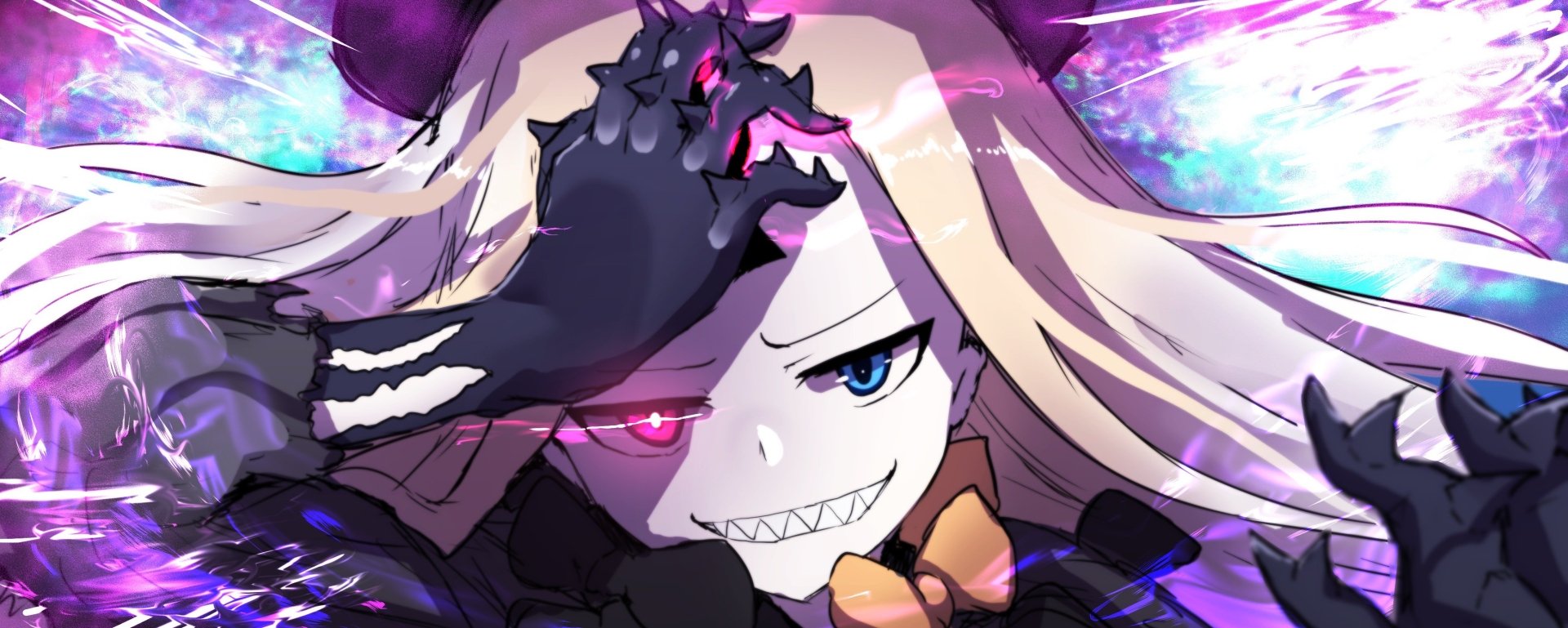 HD PC desktop wallpaper featuring Abigail Williams from Fate/Grand Order with intense eyes, a mischievous grin, and vibrant anime-style colors and effects.