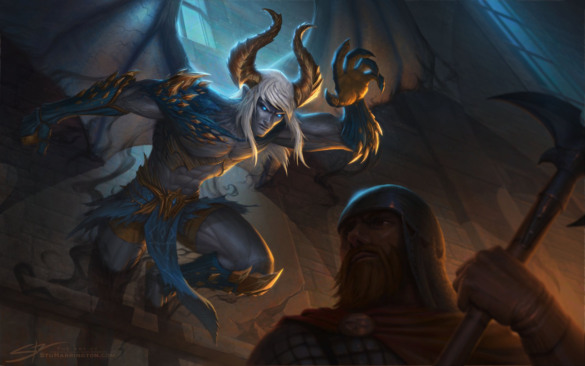 A dark, horned demon warrior with white hair and glowing blue eyes looms menacingly in an 8K Ultra HD fantasy scene, confronting a cloaked figure in a shadowy cave.