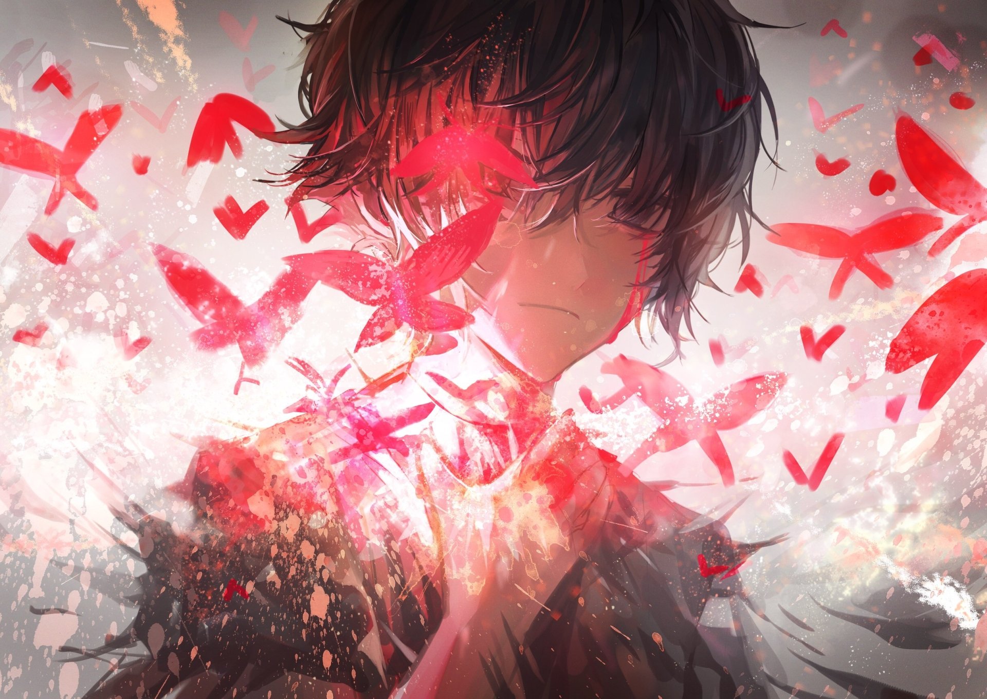 HD anime desktop wallpaper featuring a short-haired character with brown eyes and brown hair, surrounded by vibrant red butterflies in an original artistic style.