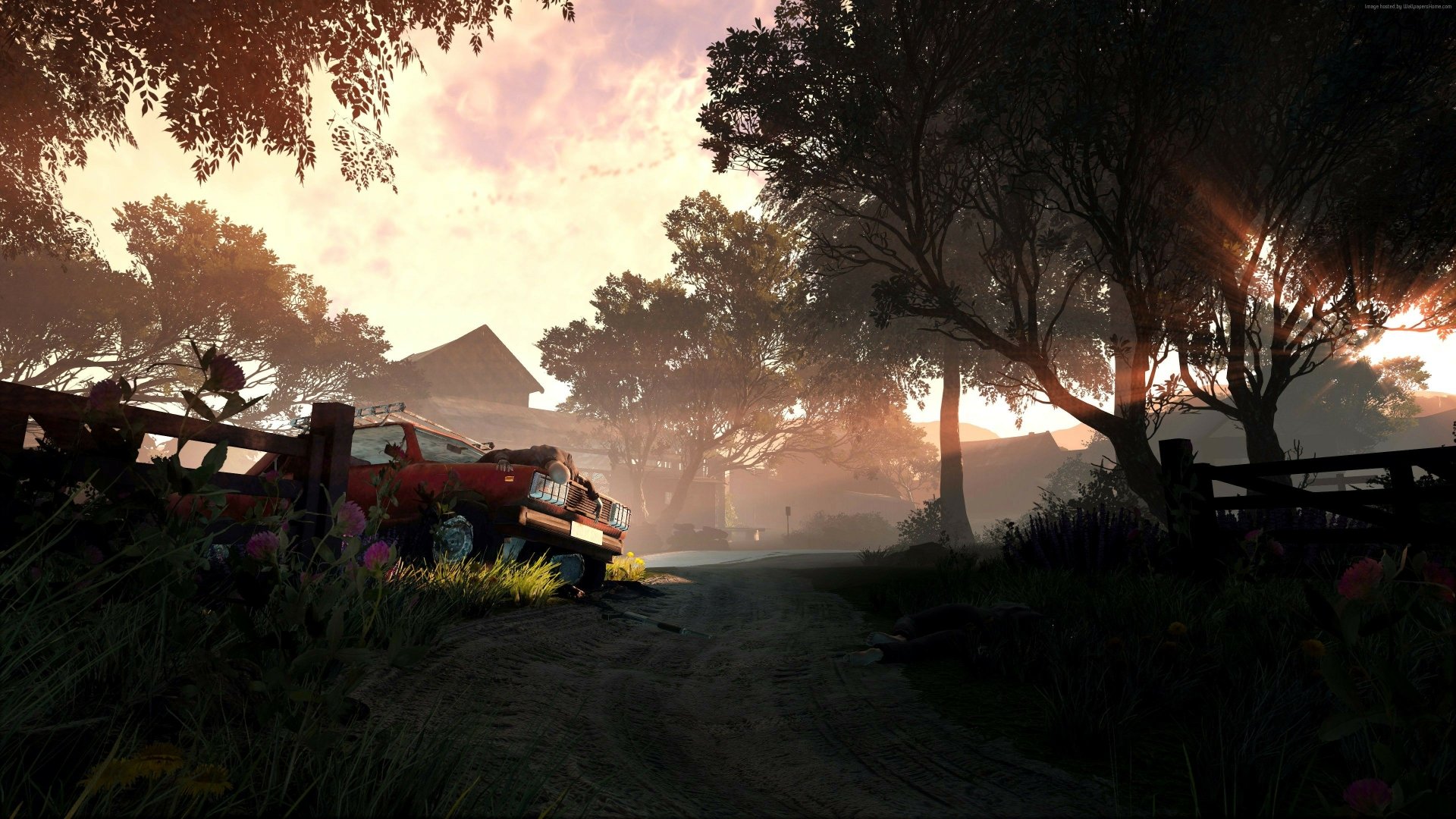 HD desktop wallpaper and background featuring a serene landscape from the video game Playerunknown's Battlegrounds, showcasing an abandoned car and rustic buildings under a sunset sky surrounded by trees.