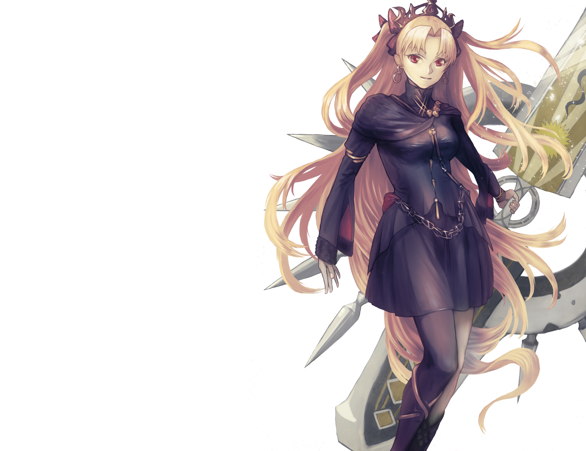 Ereshkigal (Lancer) from Fate/Grand Order in a dark dress with spear and flowing hair on a white field — 2K Quad HD PC desktop anime wallpaper.